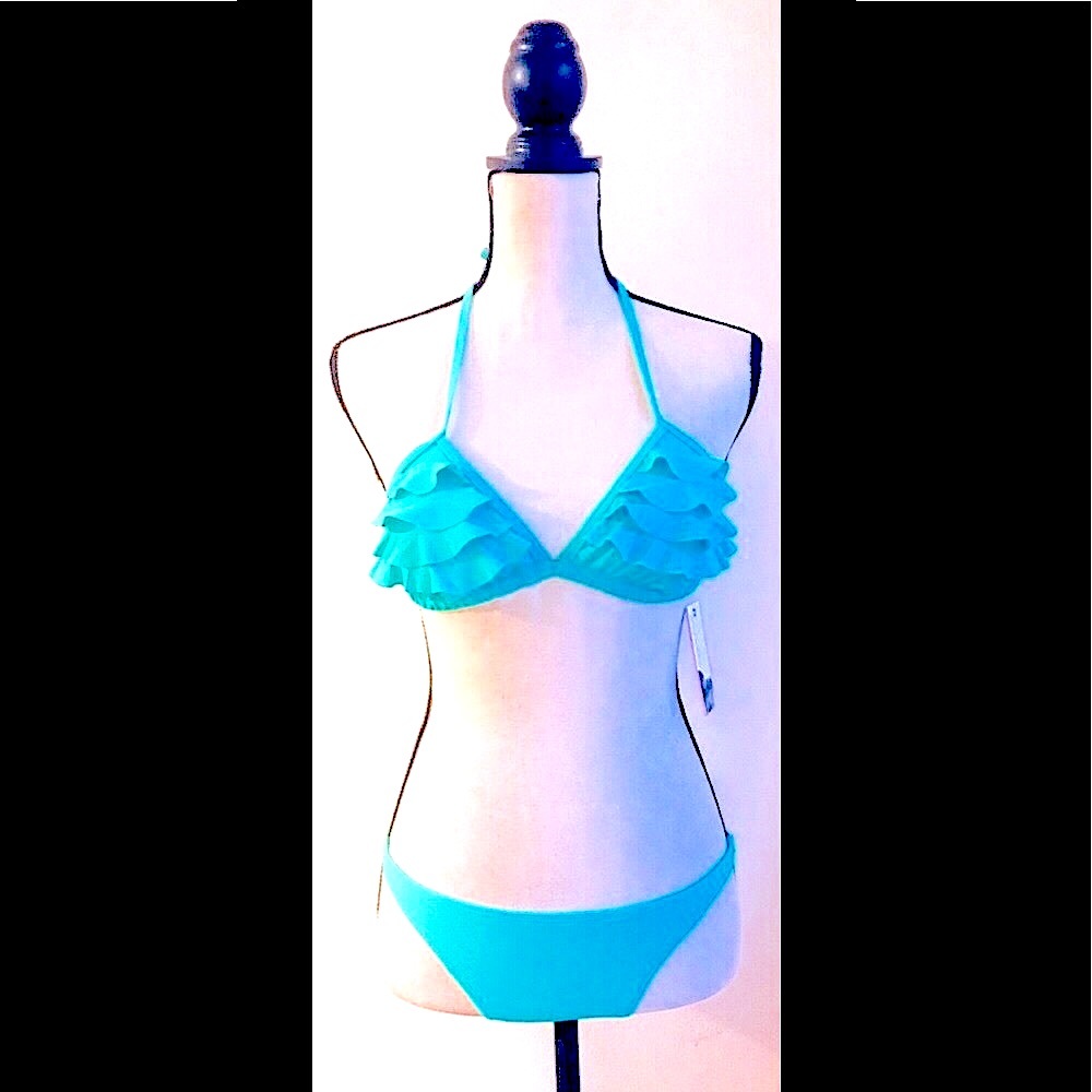 Turquoise Ruffle Bikini Swimsuit: Layered Ruffled Triangle Top, Sz. XS-NWT